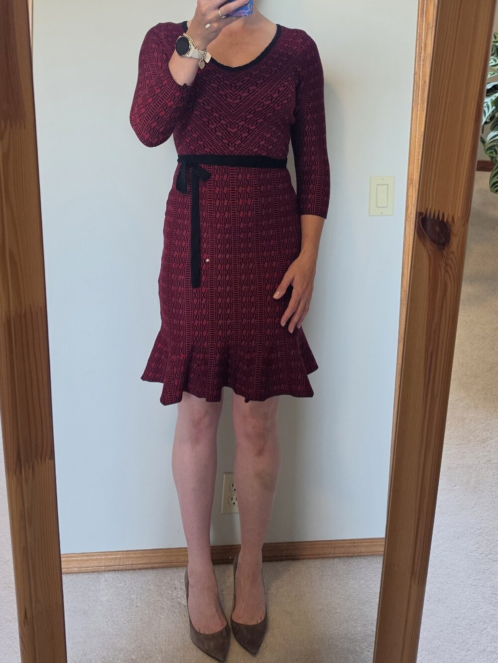 Women's Red Patterned Belted Knit Dress